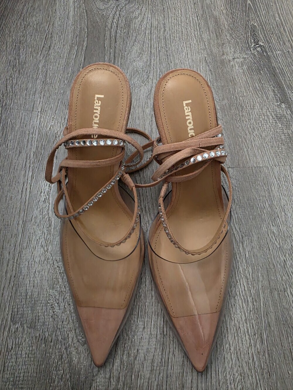 Larroude The Kim Gemstone Lace-Up Pointed Toe Heels in Clear/Tan/Silver Sz 7 - Picture 5 of 11